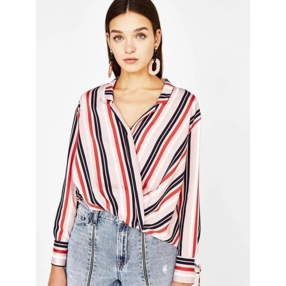 Bershka Striped Wrap Front Blouse Pink Red Navy Blue Tie Cuff Top XS